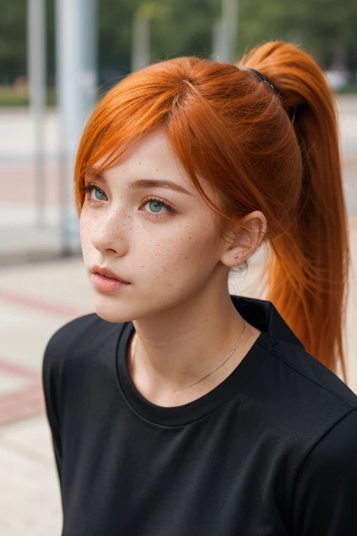  A Caucasian woman, with orange hair, which is informally attached, making a ponytail and leaving two Straps of hair separated at the front, his eyes are an intense water green color, Her nose is small and thin , has freckles that cover the middle area of ...