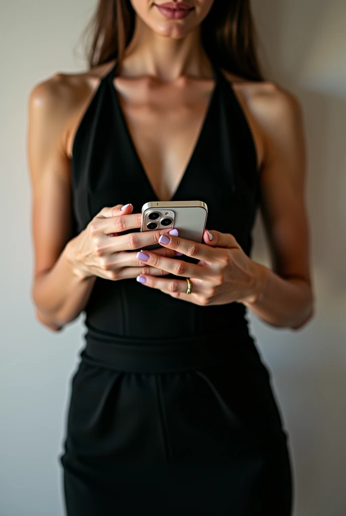 a close up of a woman in a black dress holding a cell phone, a statue by Alexis Grimou, instagram, digital art, she is facing the camera, 19-year-old girl, she is dancing. realistic, soft devil queen madison beer, she is about 1 , 18 years old, gorgeous yo...