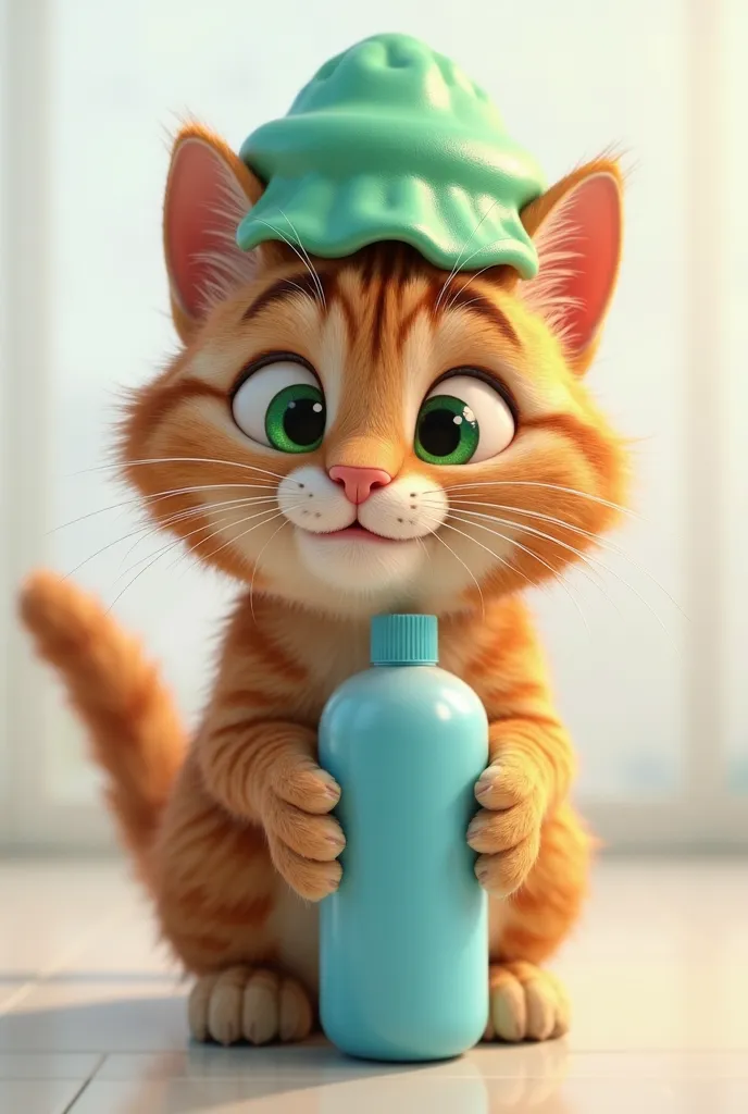 generate photograph of a caramel colored tabby cat, green eyes, smiling with a green shower cap on its head. holding a blue bottle of shampoo. cat staring straight ahead, smiling, expressing happiness and comfort. Disney Pixar character design style, 3D re...