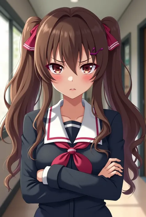 A semi-realistic or anime-style high school girl with long, wavy brown hair and sharp, confident eyes. She wears a stylish school uniform with subtle accessories. Her expression is slightly smug, with a hint of jealousy, standing in a school hallway with h...