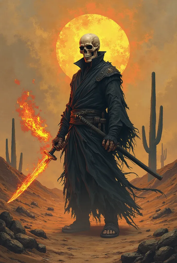 A man with the head of a skull, A burning katana in your hand with cacti in the background of a desert
