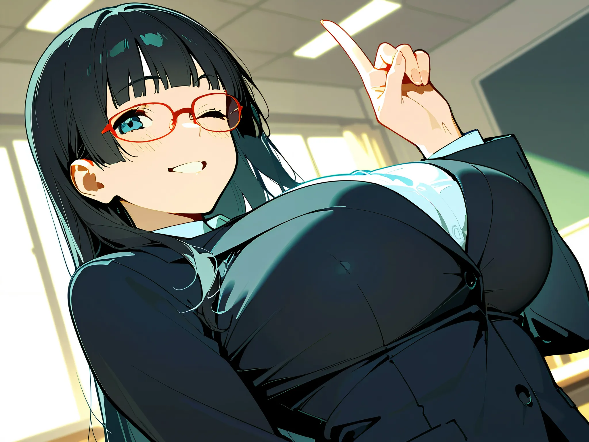 (masterpiece, best quality), ultra detailed,
BREAK
sexy,
upper body, big breasts, bouncing breasts, her index finger extended in a ‘shh’ gesture,
straight long black hair, blunt bangs, ((clothed business suit)),

indoors, class room, red frame glasses, smi...