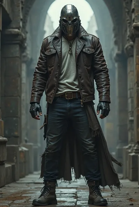 Muscular necromancer in a leather jacket, jeans, combat boots, T-shirt, fingerless gloves,Маска Героя из Хромированрго метала,Шедевр, Детально, 