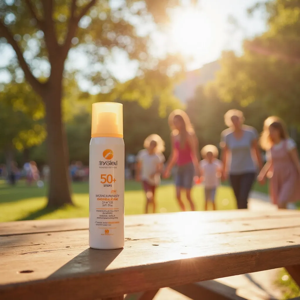 A fresh and inclusive sunscreen advertisement for all ages. The image features a sleek SPF 50 sunscreen bottle on a picnic table in a public park. In the background, families, ren playing, and seniors walking under the sun highlight the need for daily sun ...