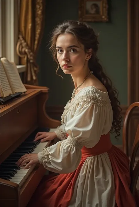 Create an image of the composer Élisabeth Jacquet De La Guerre Realista ,Playing On The Harpsichord or Piano With Beautiful, Realistic, Classic Setting From The 1700s,and Her Appearance Must Be Realistic