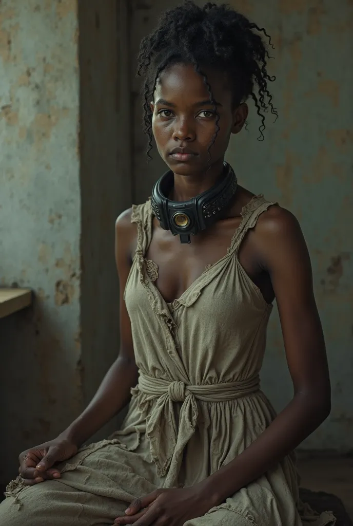 (photorealism:1.2), 2001 18-year-old legal Registered chattel African female house slave.  She wear permanent shockcollar with fridchip.  She wear slave dystopian clothes.  She is doing household chores 