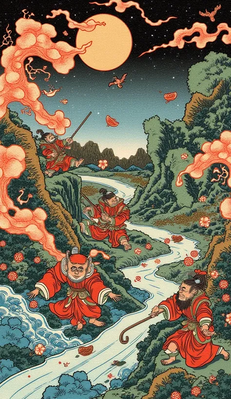 an ukiyo-e depiction of "A journey to the west" novel's random scene. follow the story. prefer dramatic layout