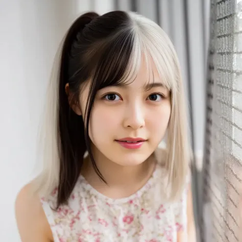 Silky smooth hair、Two-tone color with white blond hair and black hair、Flush the bangs、 hairstyle is straight、Long hair up to chest、From a distance、ponytail、 maid cafe