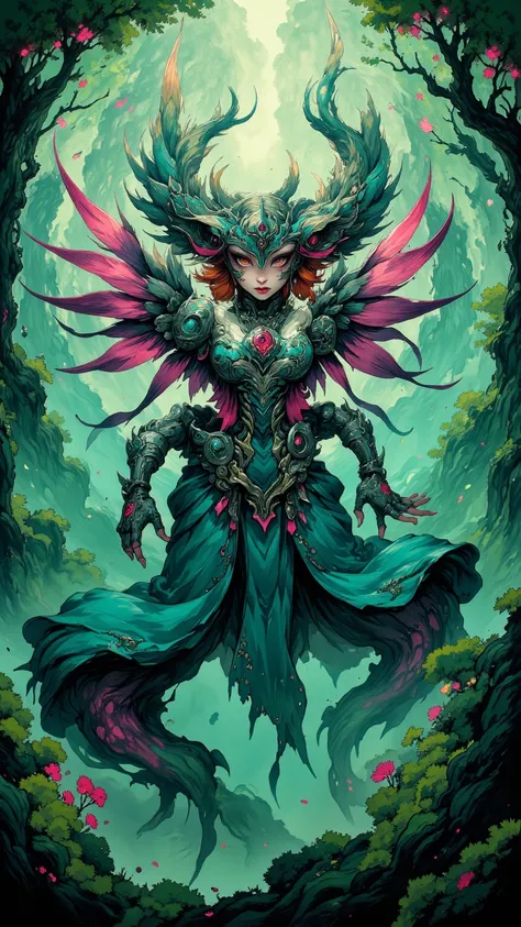 A fascinating illustration，depicts a mysterious creature with colorful feathers、with charming eyes and severity，The background is a lush emerald forest and a drifting mist，creating a sense of wonder and awe。