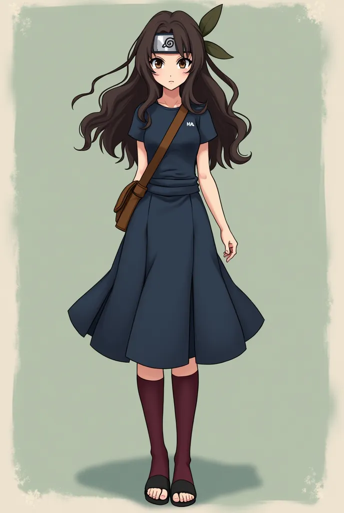 A konoha leaf ninja with long dark brown curly hair, brown eyes. She wears a navy blue short sleeved belly shirt that stops above her belly button, a navy blue skirt that stops mid thigh and burgundy thigh high socks that stop right below her skirt then kn...