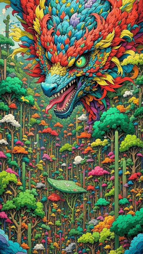 A fascinating illustration，depicts a mysterious creature with colorful feathers、with charming eyes and severity，The background is a lush emerald forest and a drifting mist，creating a sense of wonder and awe。