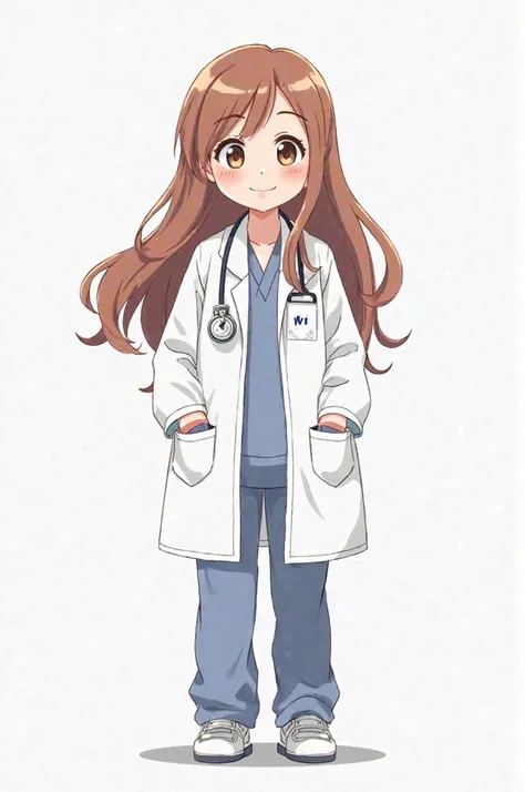 Create an anime doctor kawaii happy and her hair is long without bangs, she's wearing a doctor outfit, no color, no background just white plain and simple