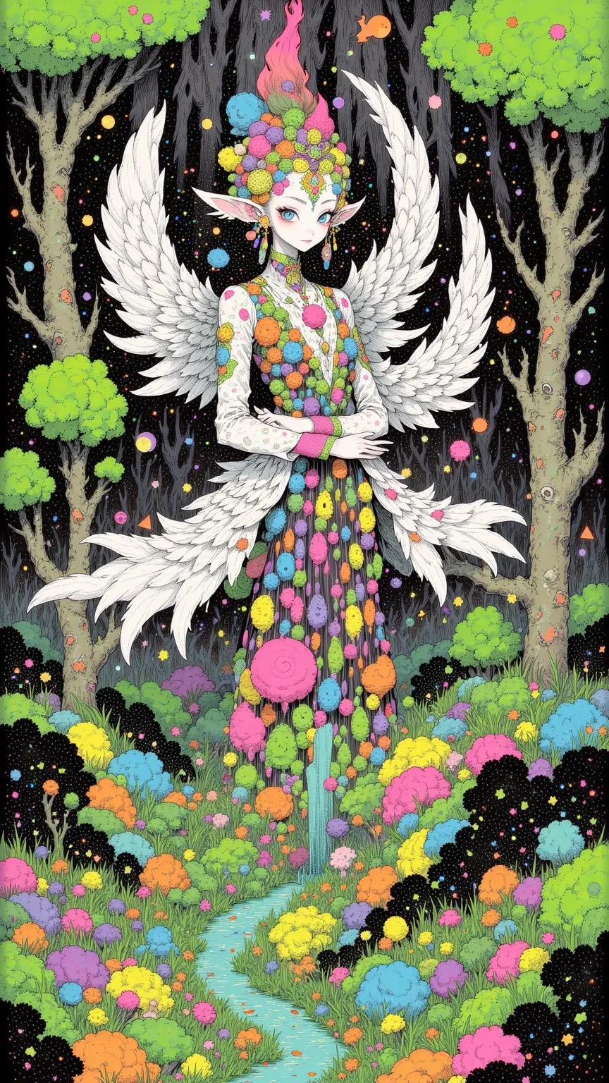 A fascinating illustration，depicts a mysterious creature with colorful feathers、with charming eyes and severity，The background is a lush emerald forest and a drifting mist，creating a sense of wonder and awe。