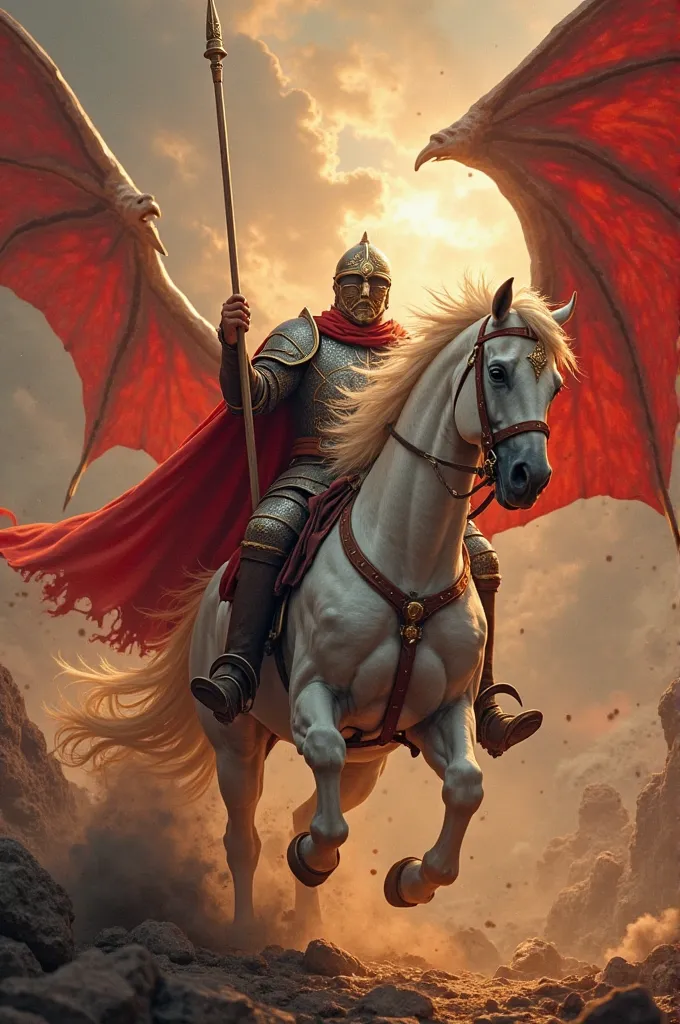 Saint George with a spear riding a white horse through a very dangerous red dragon with his spear 