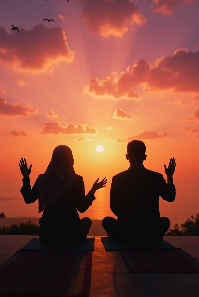 A silhouette of a Muslim man and woman sitting on their prayer mats, hands raised in dua. The background features a breathtaking sunset with the sky in shades of orange and purple, creating a peaceful, reflective mood.