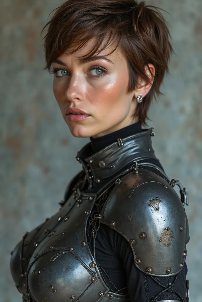 Beautiful woman, 27 years old, blue eyes, square nose, face with a strong jaw and thin chin, short brown hair, fair skin, 170 cm tall, in a futuristic matte-colored outfit with metal plates that protect her entire body. Strong and effeminate woman