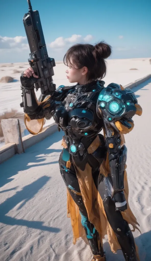  cute girl  , Big shoulder armor 、 Heavy Weapons ,  glowing joints and gaps  , 新   Super Fine   ,   are brightly colored  ,  dynamic pose,  highly detailed face and eyes  , Intricate mechanical design with glowing white joints and gaps , glowing parts 、 am...