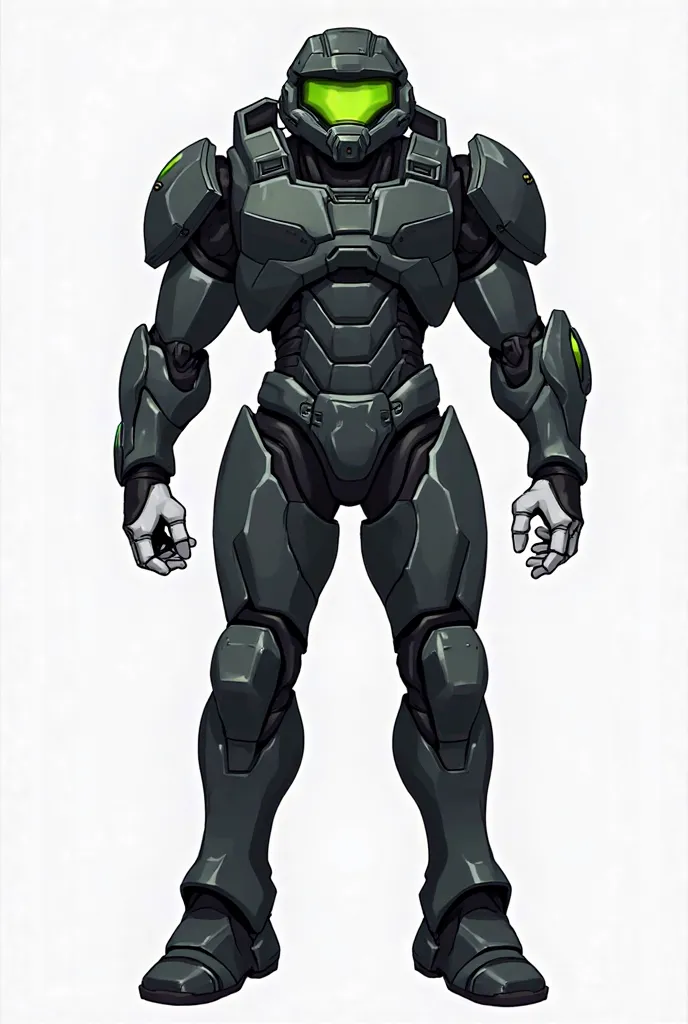 full image, white background,  from the front, full body, CMC Starcraft black armor, light gray hands and feet, Eye of the Green Helmet, anime art.