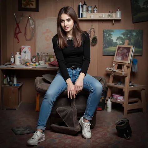 Woman is in a fine studio. She is sitting on sports equipment.  style photorealistic , impressionist,  sharp focus, very detailed, Detail,  full body