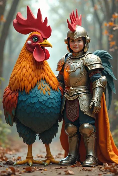 *Characters**: A  dressed in shiny armor, suggesting a playful or heroic theme. The rooster, depicted as oversized and colorful, adds to the fantastical nature of the scene.