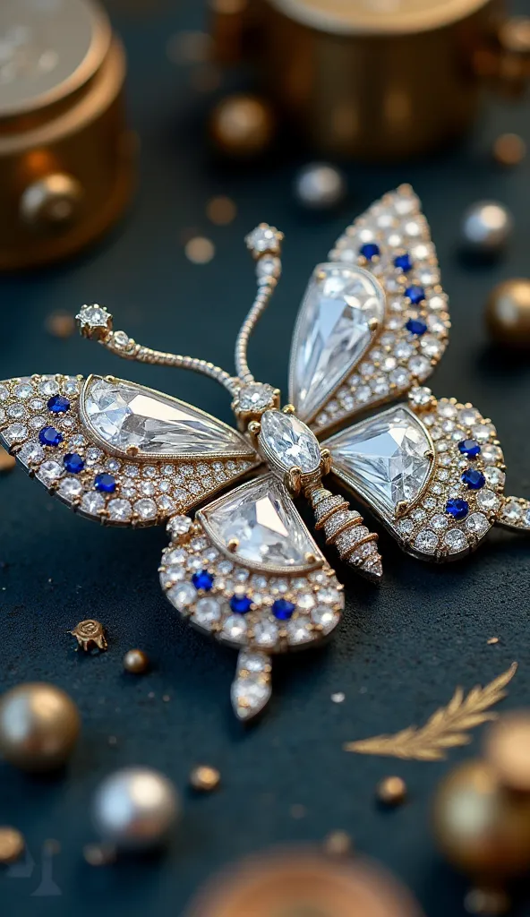 A striking oversized diamond brooch, shaped like a delicate butterfly with gem-studded wings, takes center stage in an intricate miniature jewelry studio. Tiny artisans bring the piece to life—one polishes a sapphire-encrusted wing, while another meticulou...