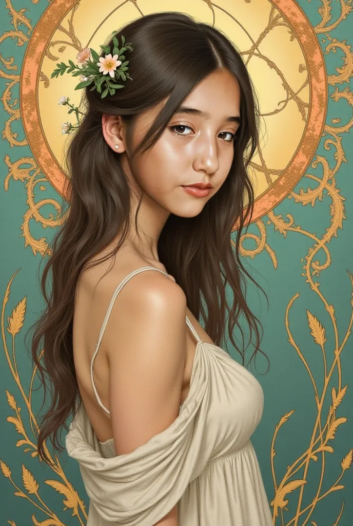 Make a portrait in the Art Nouveau style, Keep in mind that I am a woman, I have straight hair and light eyes 