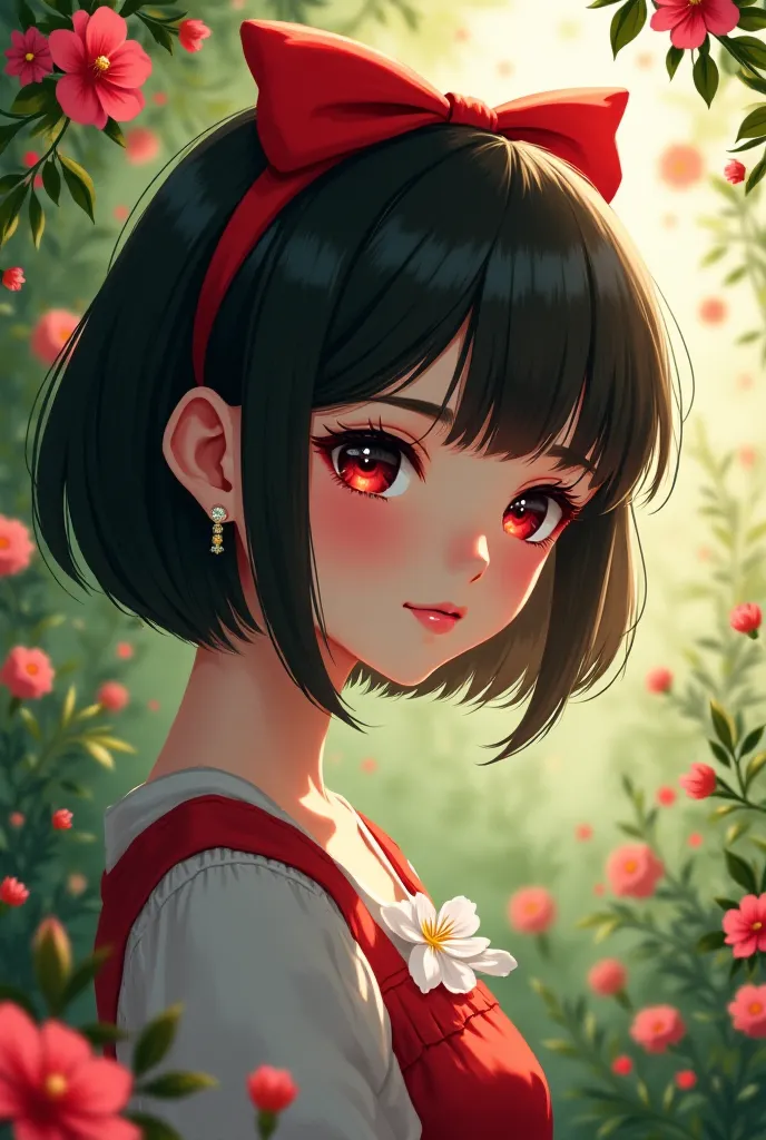 anime a short haired woman wearing a cute sad expression red bow and beautiful scenery