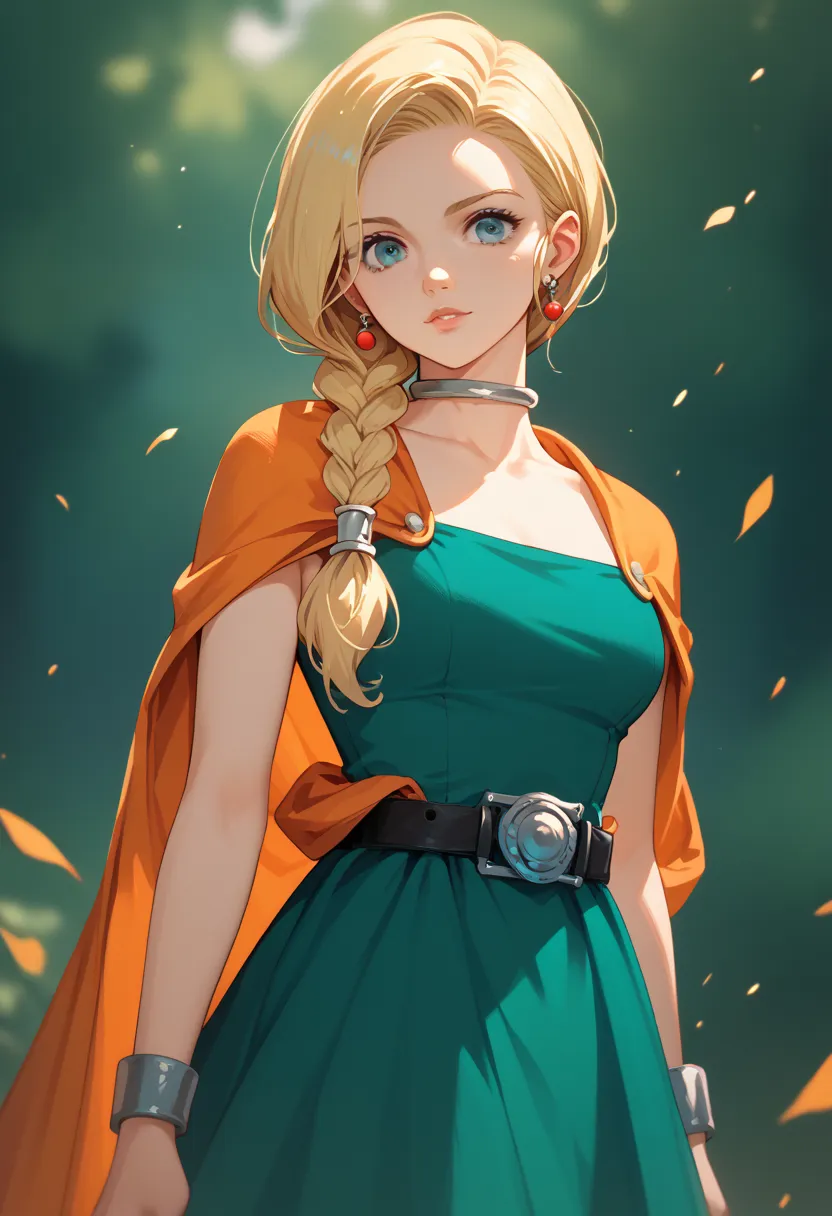 score_9, score_8_up, score_7_up, score_6_up, score_5_up, score_4_up, source anime, dqBianca, blonde single braid, hair over shoulder, earrings, choker, orange cape, green dress, belt, high quality, ultra detailed, sharp focus, cinematic lighting