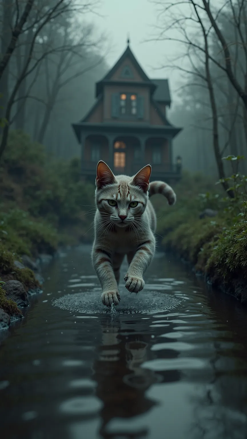 realistic, highly detailed, photorealistic cat, falling from haunted house, into large river, surrounded by lush forest, moody lighting, dramatic atmosphere, cinematic, 4k, ultra-detailed, intricate textures,volumetric lighting,depth of field,dramatic comp...