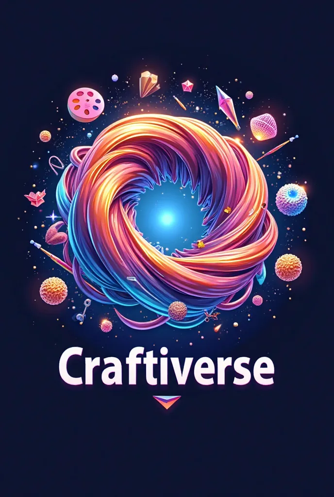 A vibrant, abstract logo for a YouTube channel called 'Craftiverse' that blends art, crafts, and 3D design. The central symbol is a dynamic, swirling vortex made of intersecting paintbrush strokes, origami folds, glowing 3D polygons, and craft materials li...