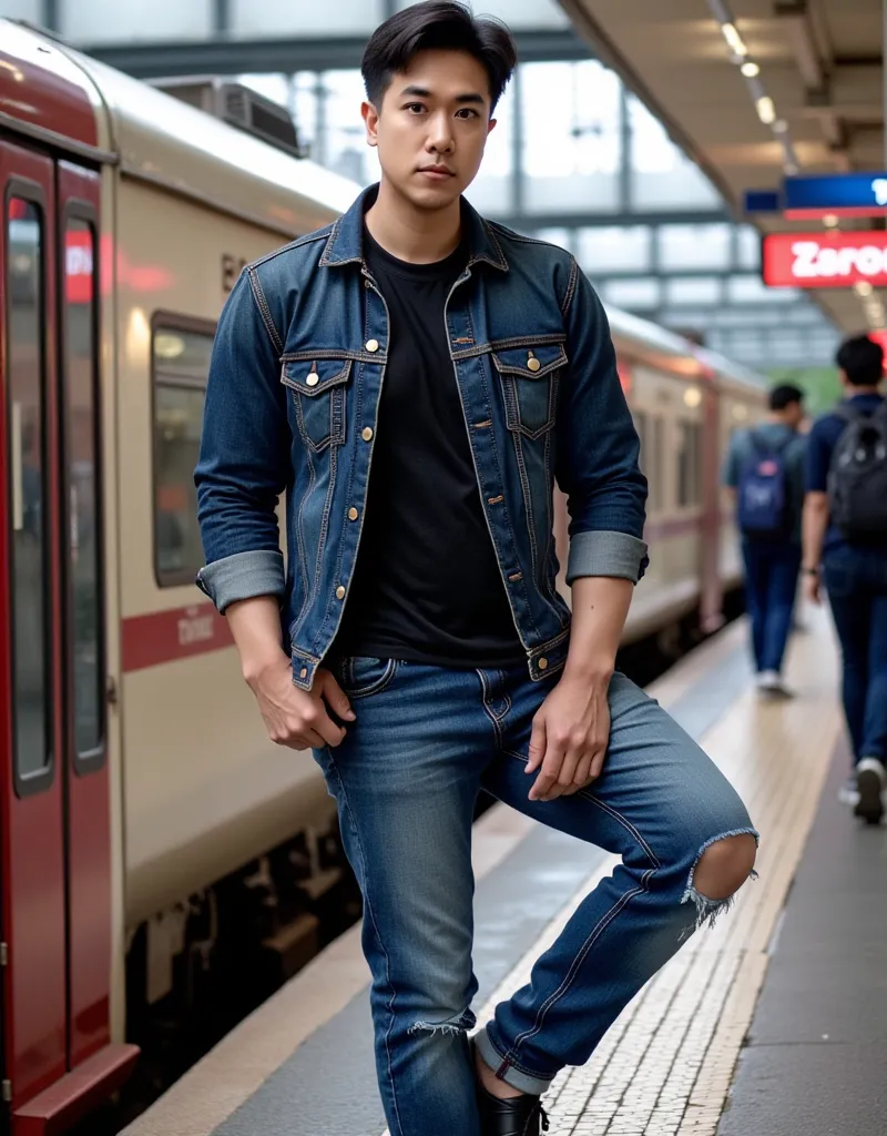 Candid photography of a handsome Asian train flight attendant, The man was wearing a denim jacket, black t-shirt, ripped denim pants, and black shoes.s, standing next to a stopped train. The background is the Afternoon atmosphere of a train station which i...