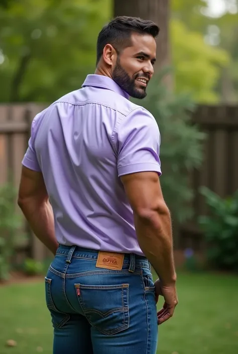 realistic photography, 35-year-old muscular (((athletic man))) , very defined face similar to the character reference, view From below, nalgon in profile, light purple formal Oxford shirt and tight blue levis jeans, in profile, Big butt, viendo a cámara,  ...