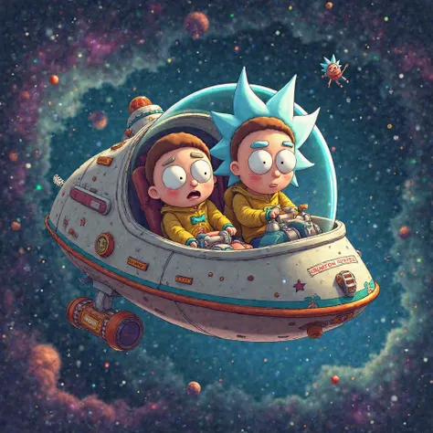 Create Rick and Morty babies flying inside the ship lost in the universe 