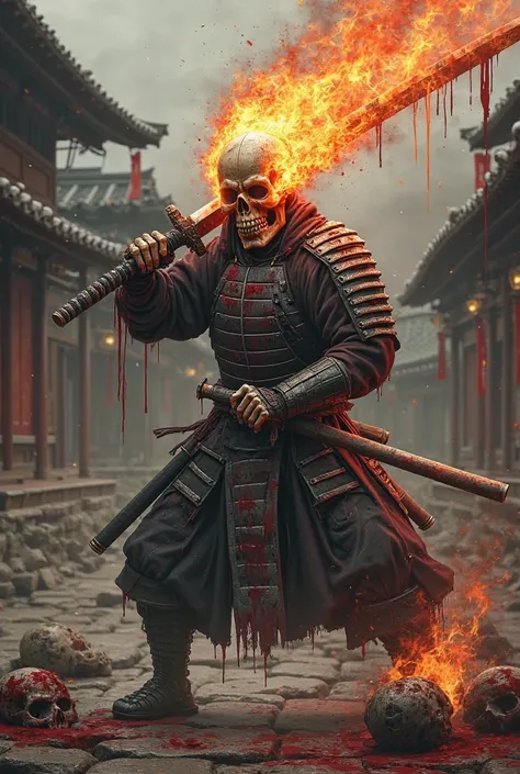 A samurai with the head of a flaming skull, It's a big katana, Blood dripping in the background heads cut on the floor and old Japanese houses in the background