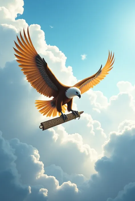 Create an image of a very big eagle flying in the sky amidst the clouds and holding the HAN ORDO inscription on its paws 
