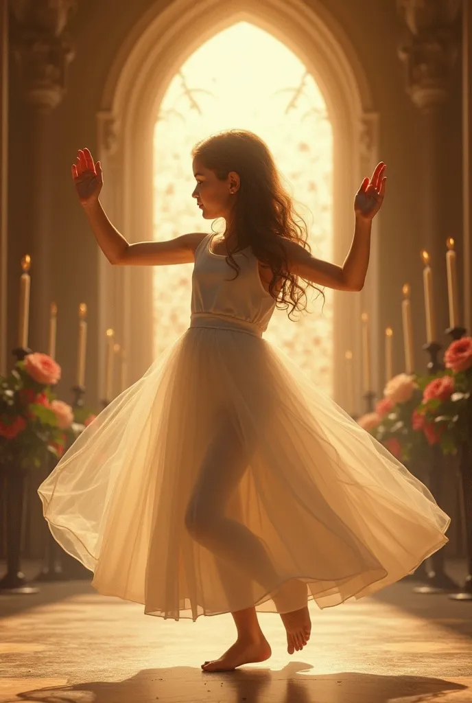 I want the image A girl of approximately  , catholic, with the features of my profile picture on this account, dancing to the Blessed Sacrament of the Altar, Jesus the Eucharist, pastel and tender image, where you can see that the dance is to the Blessed S...