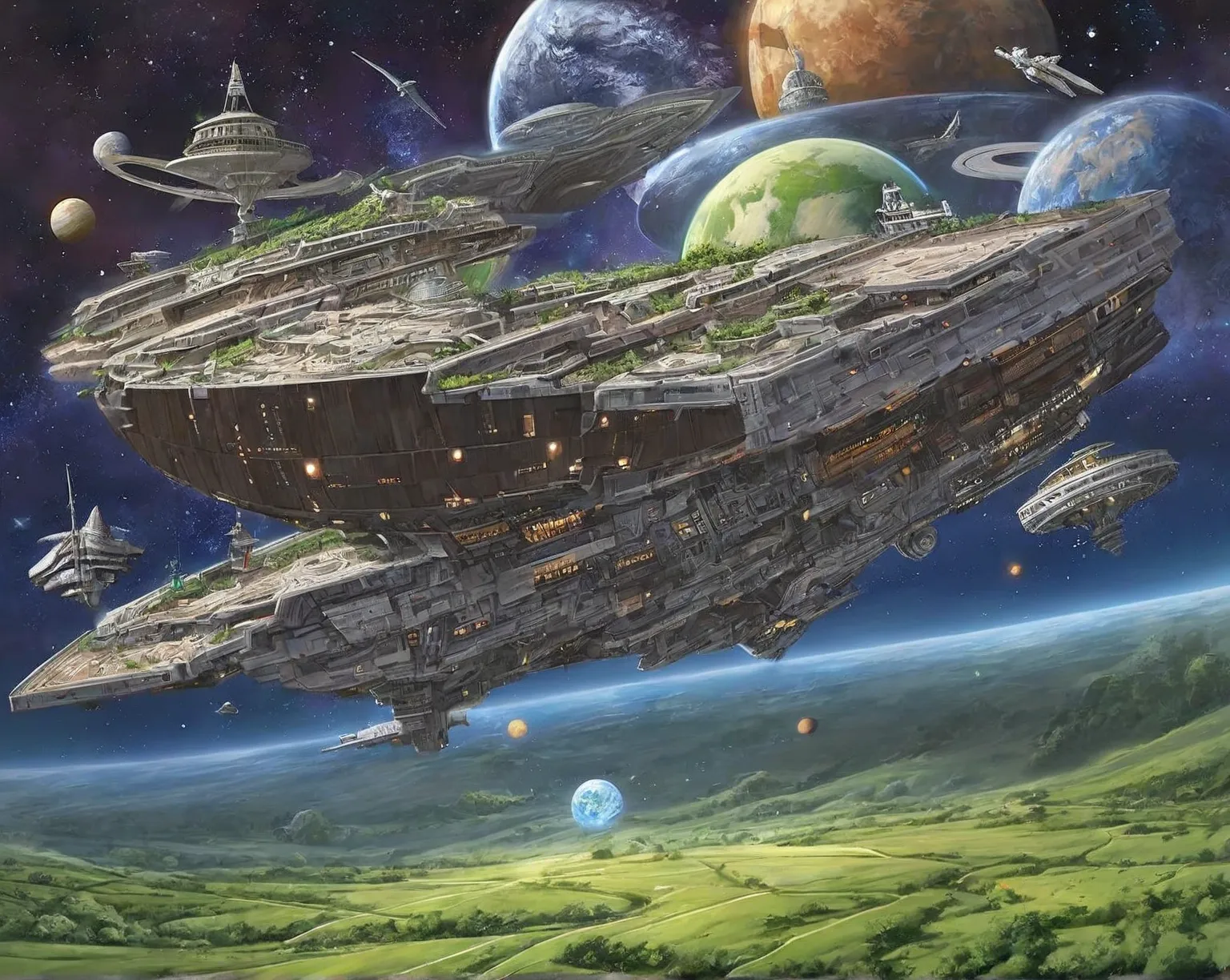 Illustration of a spaceship with green fields and planets, Noah's Ark, Ancient Spacecraft, mothership, sci-fi fantasy painting , by Rob Alexander , 3D Epic Illustrations , John Luke, Utopia spacecraft, by John Coffelt , Great space, Inspired by Ted Nasmyth...