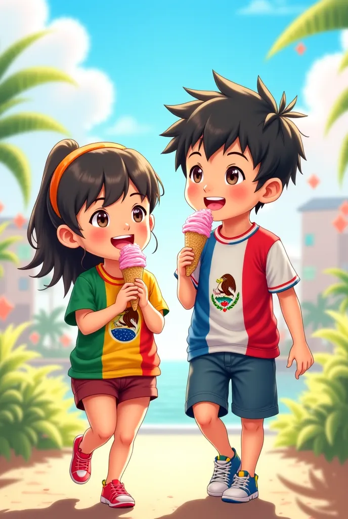 Anime girl and boy who have shirts with several Latin flags and an ice cream in their hand