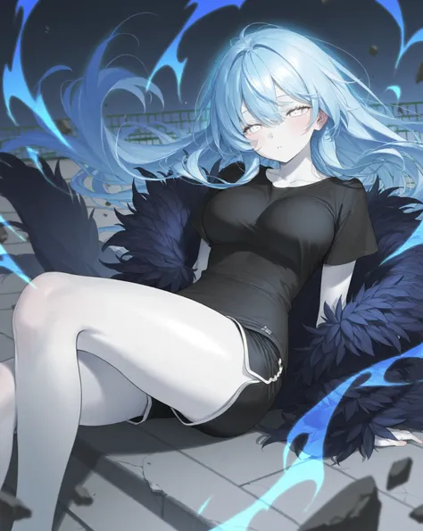 best image quality、High Resolution、 diamond blue hair 、White Eyes、Feather coat、Looks sleepy、rooftop、、  black t-shirt 、beautiful breasts、  best thighs、Blue aura、 long hair、best image quality、floating rubble、 venom（Dark Blue）、Cosmic Aura 、black shorts、 white...