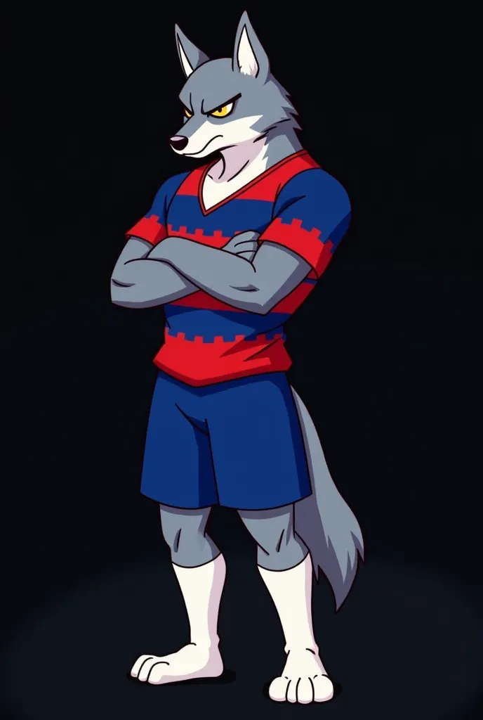 Here’s the English prompt for you:

"The wolf is wearing a blue and red uniform. The shirt is red, blue, and white with horizontal wavy stripes. The shorts are blue, and the socks are white. The Wolf looks angry, standing with arms crossed in a powerful po...