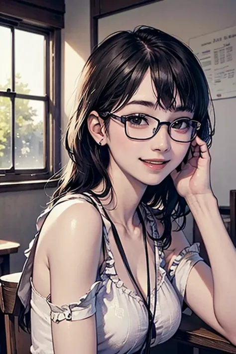 ((Highest quality)), ((傑Highest quality、masterpiece、High sensitivity、High Resolution、detailed description、depicting a delicate face))Slender Woman、glasses、thin eyebrows、with a nice smile、 Happy Expression 、high school girl、diploma awarded、Graduation Ceremo...