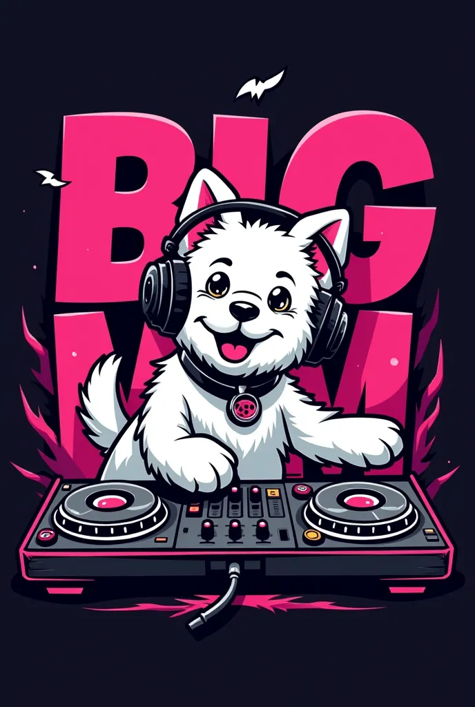 Logo with little white dog mixing with DJ headphones and turntables with hot pink and black “BIG M” lettering. 