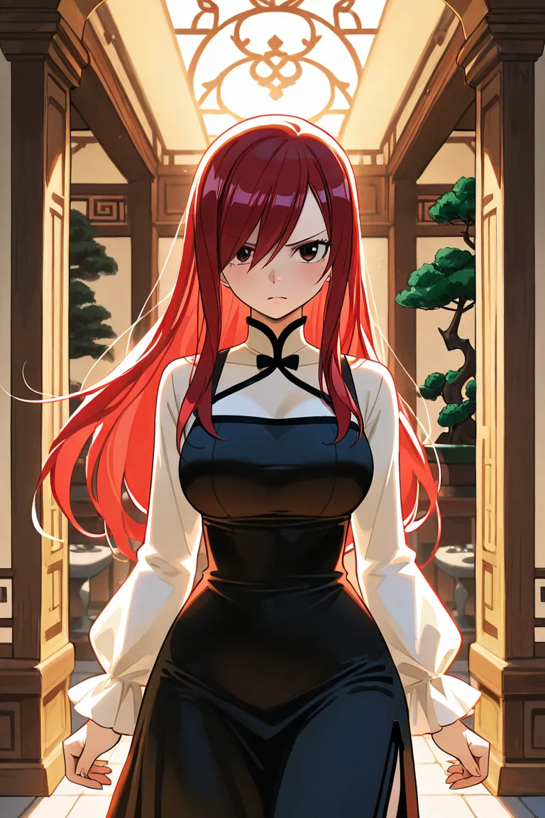 Create an image of Erza Scarlet from Fairy Tail wearing a Chinese dress with black pantimedia and in a garden with Chinese motifs and only Erza should appear in the image