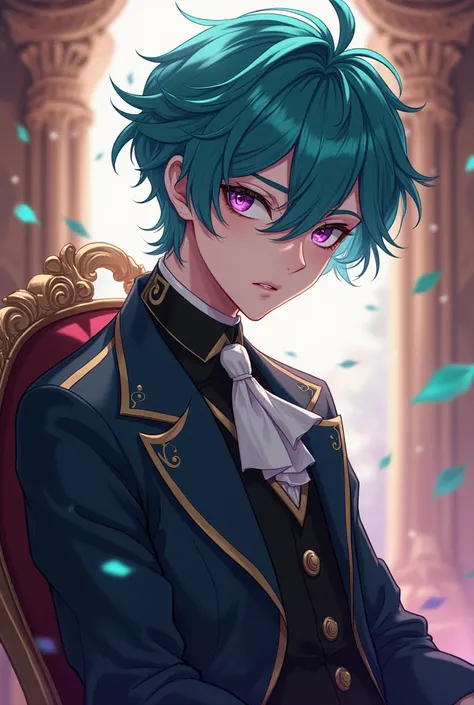 Teal hair purple eyes anime male character royal 