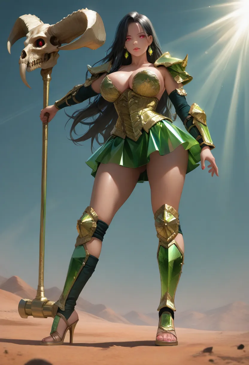 high resolution,  ultra detailed , A very tall woman, ( black hair :1.2), (emerald green knee pads with small gold details:1.2), (emerald green shin guards with small gold details:1.3), (sleeves from wrist to elbow in emerald green with gold:1.2), (large e...