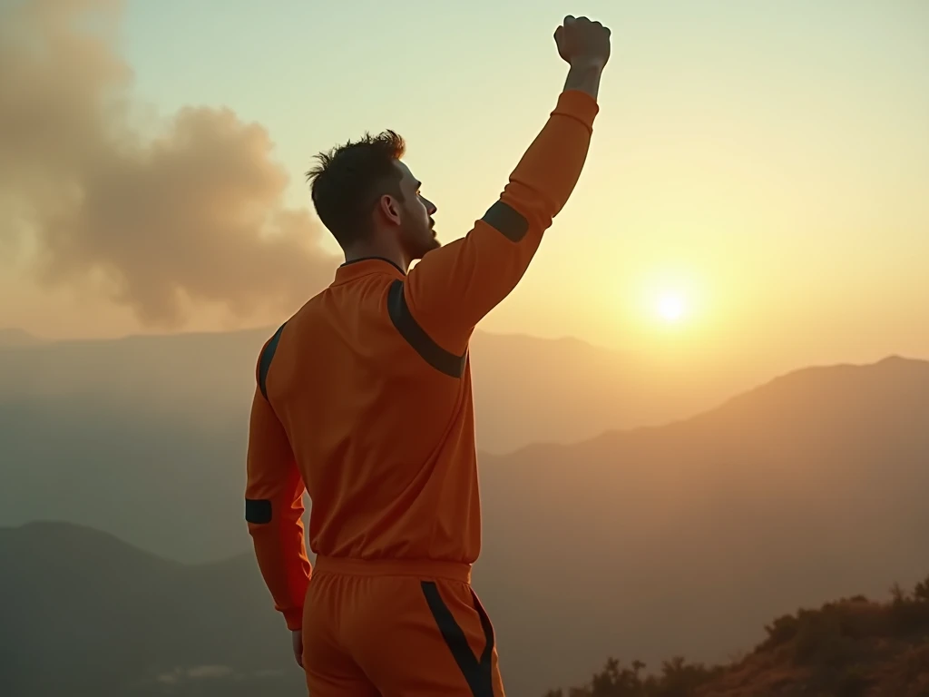 Cinematic adventurer in tracksuit with head held high looking to the sky, muscular, divine energy, divine, orange-colored clothing, smoke in the distance, dedication, mountainous landscape in the background, sun rising, aerial view