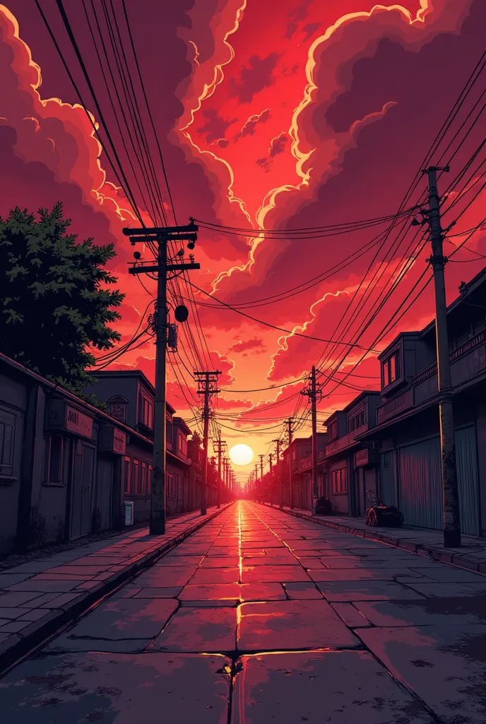 "An empty and mysterious street, surrounded by an intense and dramatic atmosphere, } all illustrated in a stylized cartoonistic style. The sky is loaded with turbulent clouds, drawn with striking features and expressive shading, all in shades of deep and d...