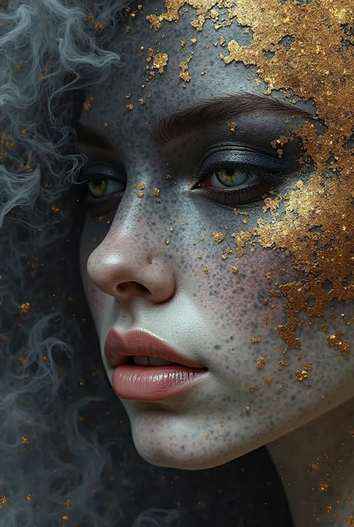 photorealistic, hyper detailed female face of smoke and black, gray, and bronze color. Added in a style reference, a composition reference, Hyper realistic, splash images, splattering, Fauvism, Geometric, Marble. 