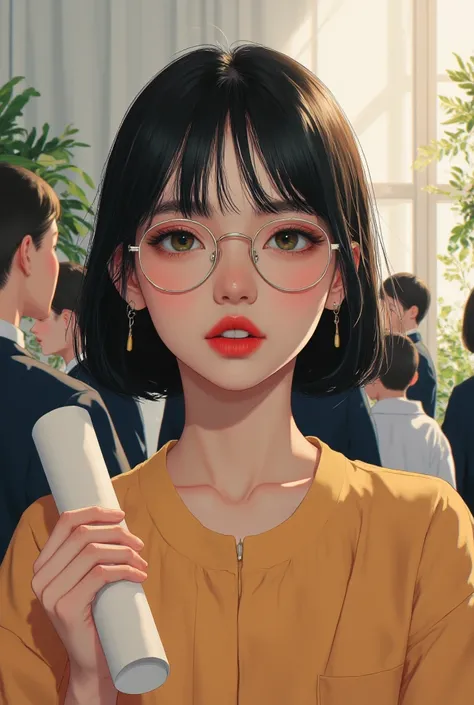 ((Highest quality)), ((傑Highest quality、masterpiece、High sensitivity、High Resolution、detailed description、depicting a delicate face))Slender Woman、glasses、thin eyebrows、with a nice smile、 Happy Expression 、high school girl、diploma awarded、Graduation Ceremo...