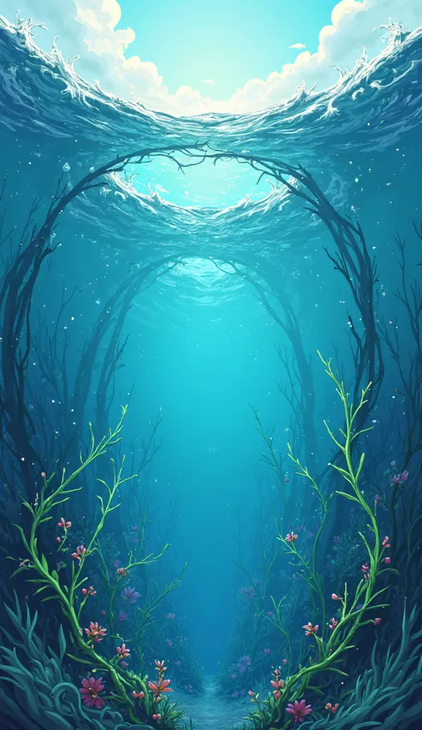 create me an image that looks like a symmetrical anime with ocean waves but with seaweed and underwater representations towards the bottom of the image